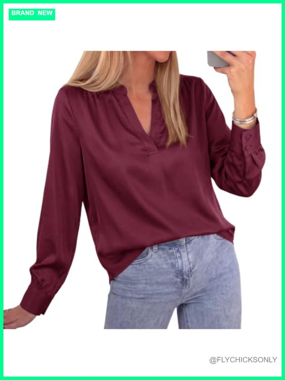 Satin Blouse Long Sleeve V Neck Ruched Lantern Sleeve Loose Fit Work Top